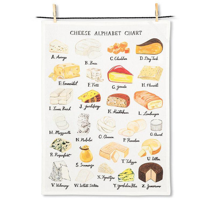 a kitchen tea towel in white background with assorted cheeses and the alphabet for each one 