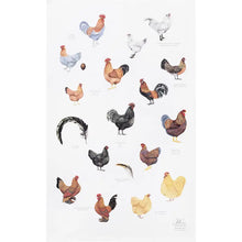 Load image into Gallery viewer, a tea towel with images of various roosters and chickens 
