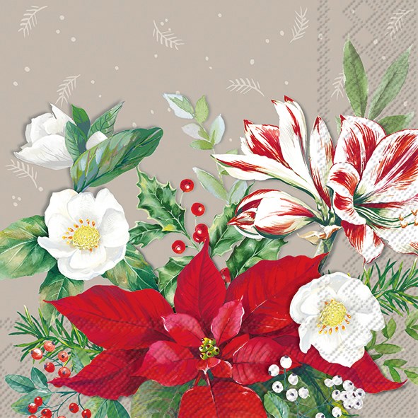 a paper napkin depicting red poinsettias and amaryllis 