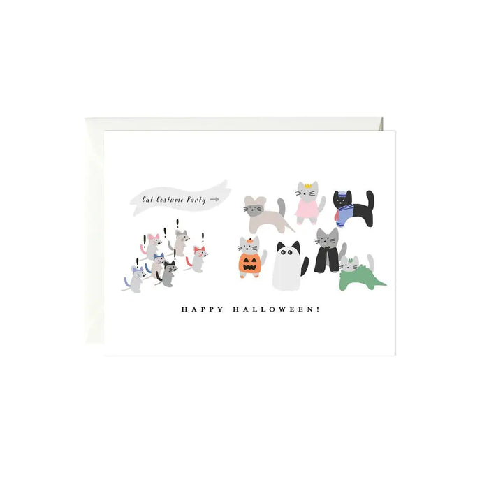 a greeting card with illustration of cats wearing halloween costumes and mice, text, happy halloween 