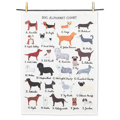 a kitchen towel in white with assorted images of dogs and the matching alphabet letter. of each