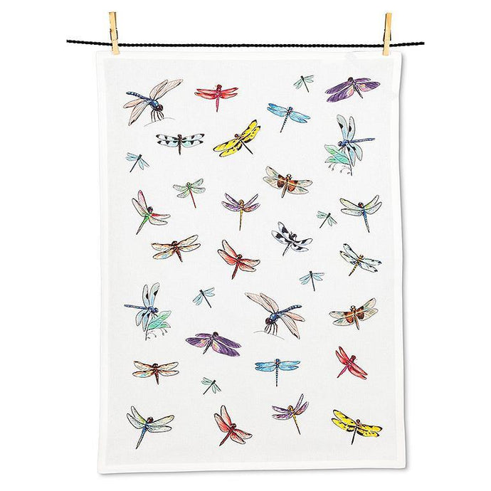 a tea towel with allover dragonflies motif. muti coloured 
