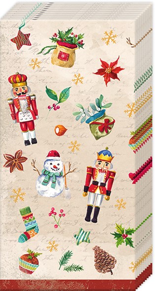 a beige paper pocket tissue with nutcracker and holiday motif 