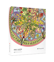 Load image into Gallery viewer, a jigsaw puzzle depicting a circular image with stained glass and hummingbirds by erin e. hunter
