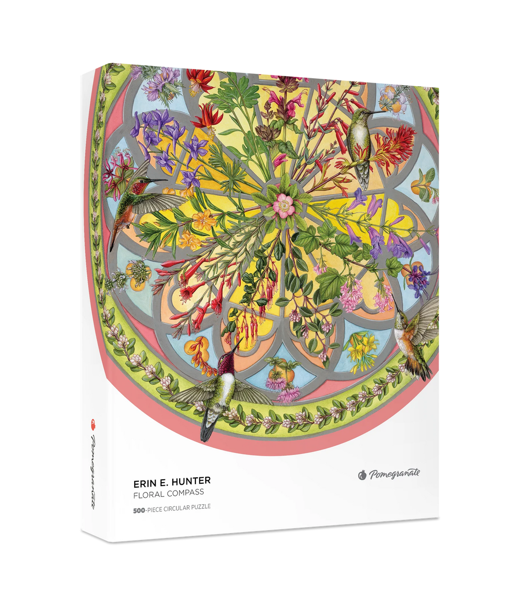 a jigsaw puzzle depicting a circular image with stained glass and hummingbirds by erin e. hunter