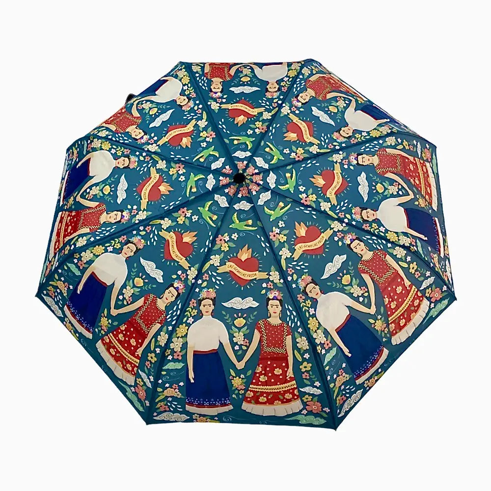 a colourful rain umbrella with images of Mexican artist Firda Kahlo's Twins.