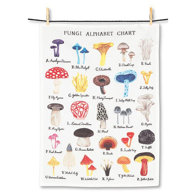 a white coloured kitchen tea towel with illustrations of fungi and mushrooms in alphabetical order.