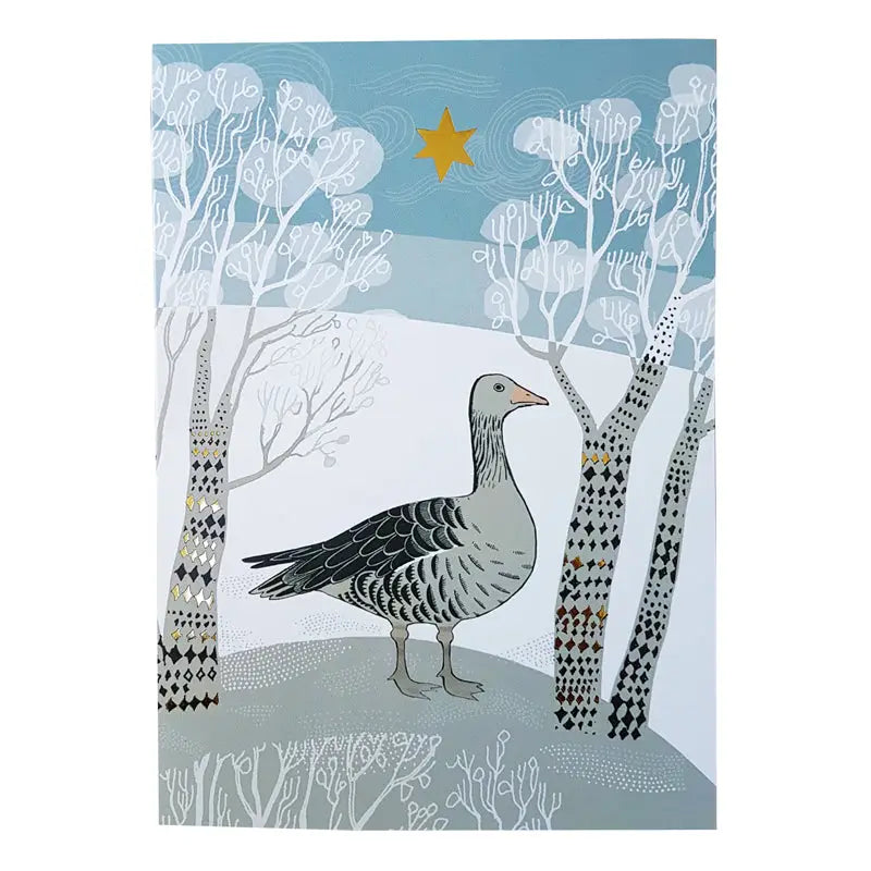 a greeting card with an artists depiction of a winter goose in the forest 