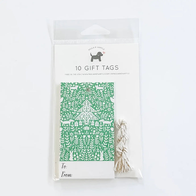 a package of Christmas gift tags featuring a tree and leaves in green and white 