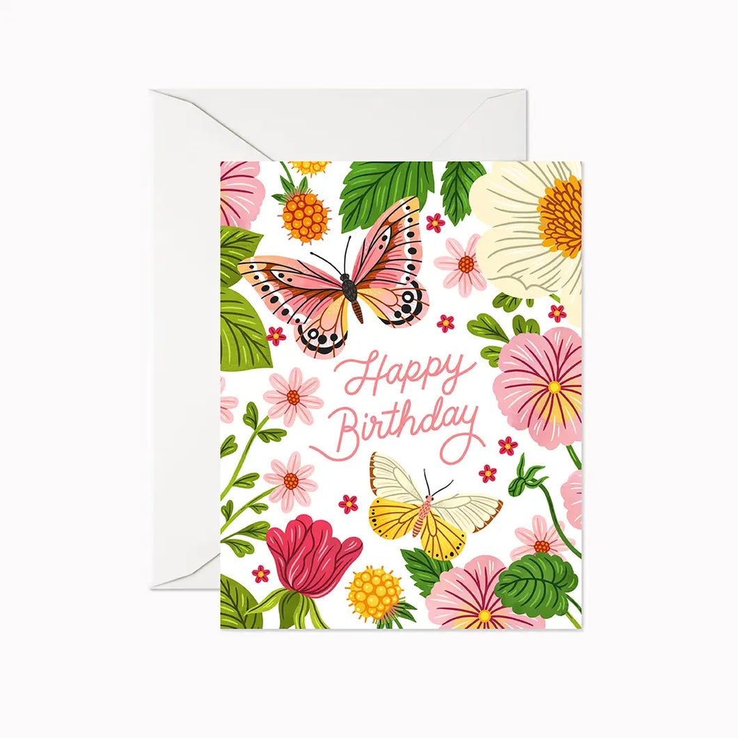 a greeting card featuring illustrations of flowers and butterflies. text happy birthday 