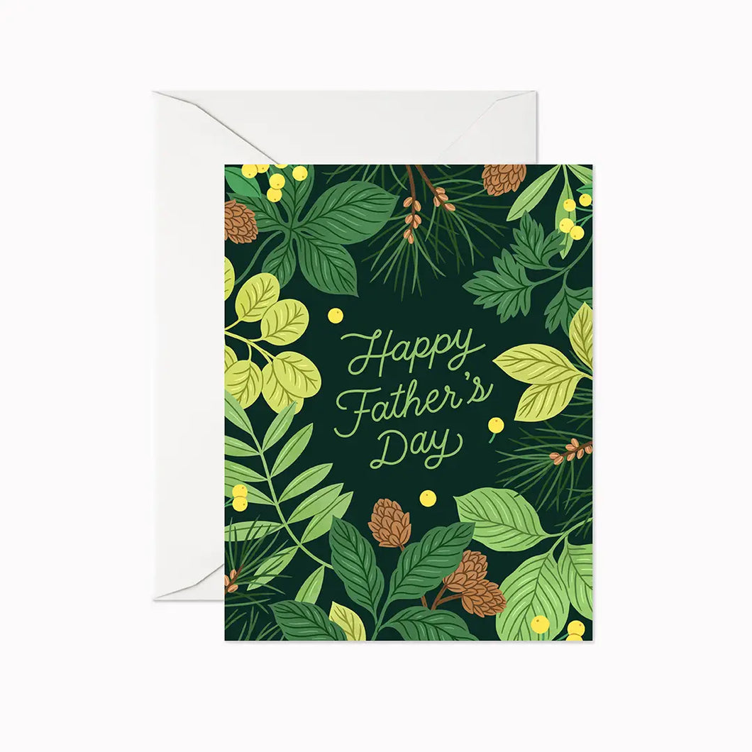 a greeting card featuring leaves and flowers of the forest. text happy father's day 