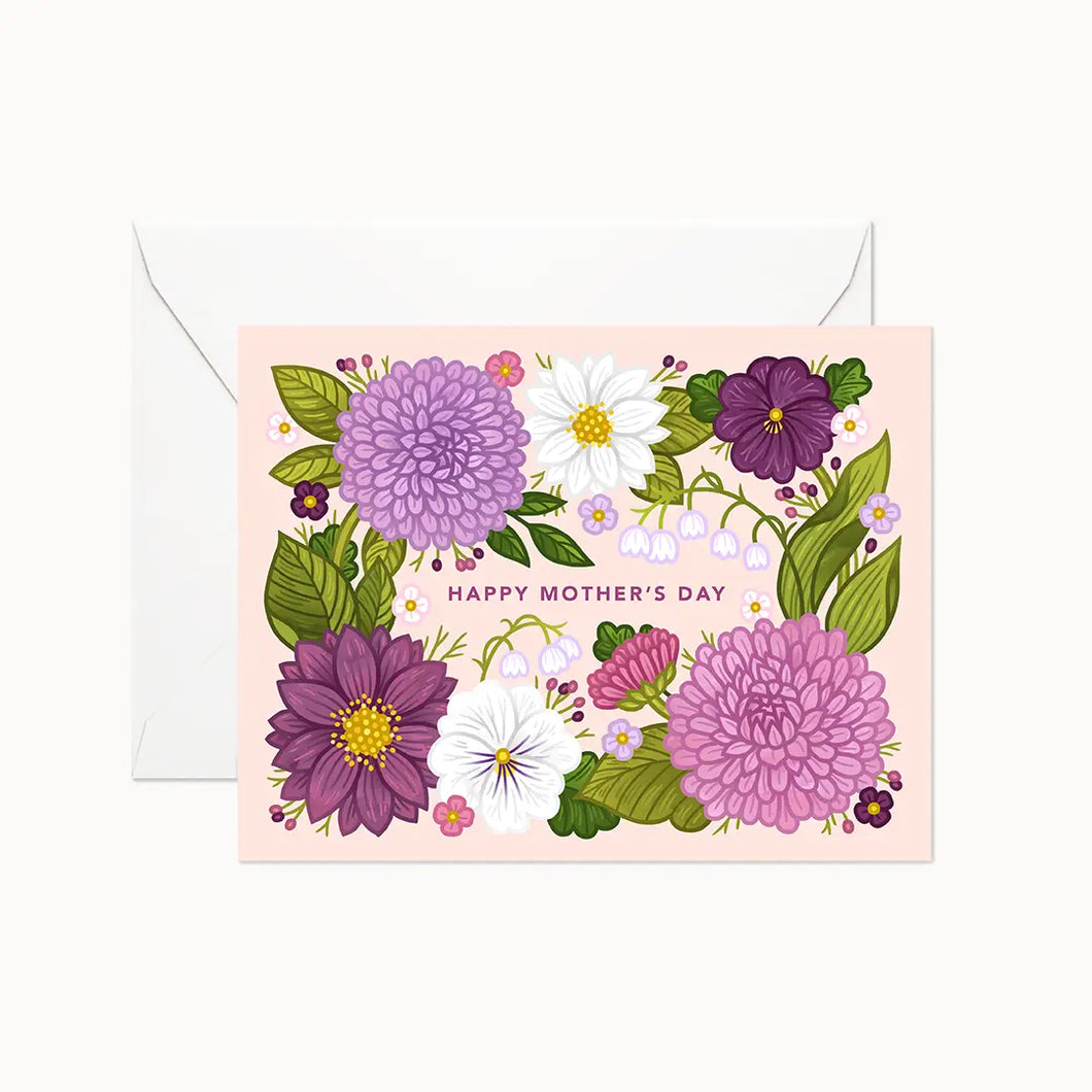 a greeting card featuring purple toned flowers with text. happy mother's day 