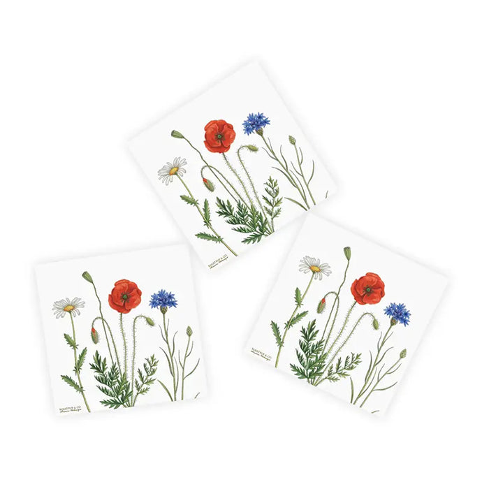 a phot of 3 packs of napkins featuring images of flowers daisies and poppies 