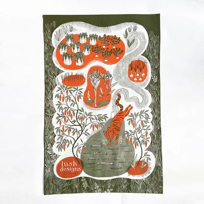 a tea towel with an artists depiction of a tiger and kimchi 