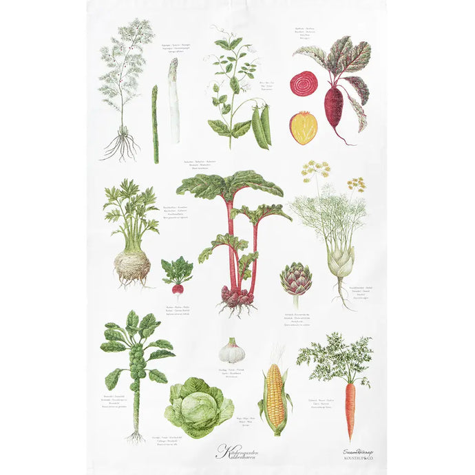 a tea towel with images of fresh vegetables 