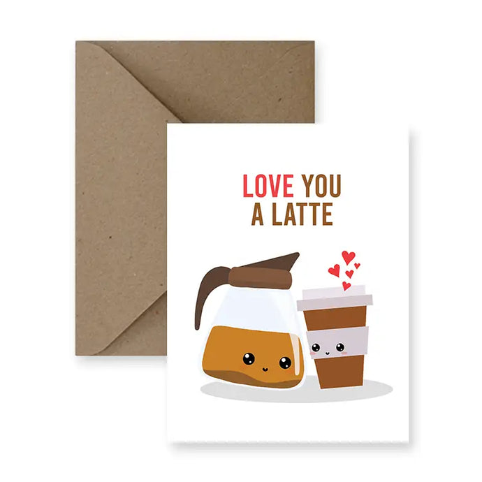a greeting card with an illustration of a coffee pot and a take out coffee cup with little red hearts 
