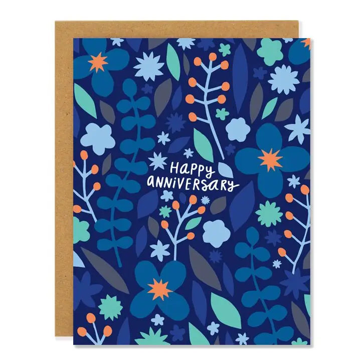 a greeting card with drawings of flowers. text happy anniversary . blue colours 