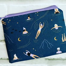 Load image into Gallery viewer, a coin purse pouch with people swimming on it motif in dark blue water
