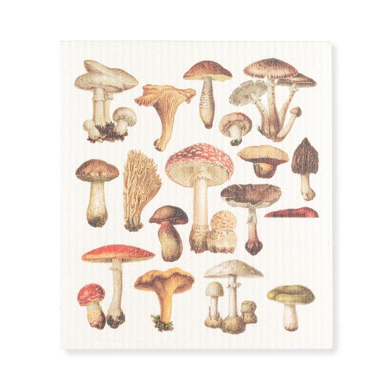 a Swedish dishcloth featuring various images of mushrooms and fungi