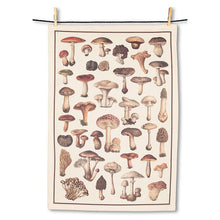 Load image into Gallery viewer, a kitchen tea towel in beige colour with assortment of mushrooms in the motif 
