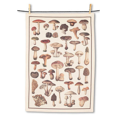 a kitchen tea towel in beige colour with assortment of mushrooms in the motif 