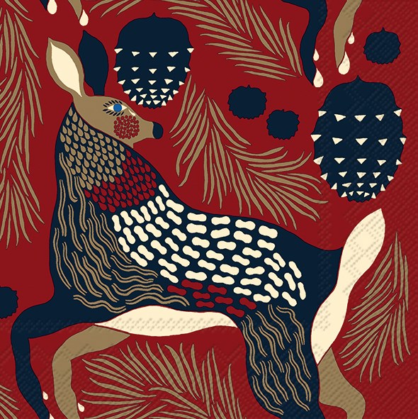 paper npkins by Marimekko design house of Finland depicting a large hare branches and holiday bobbles 