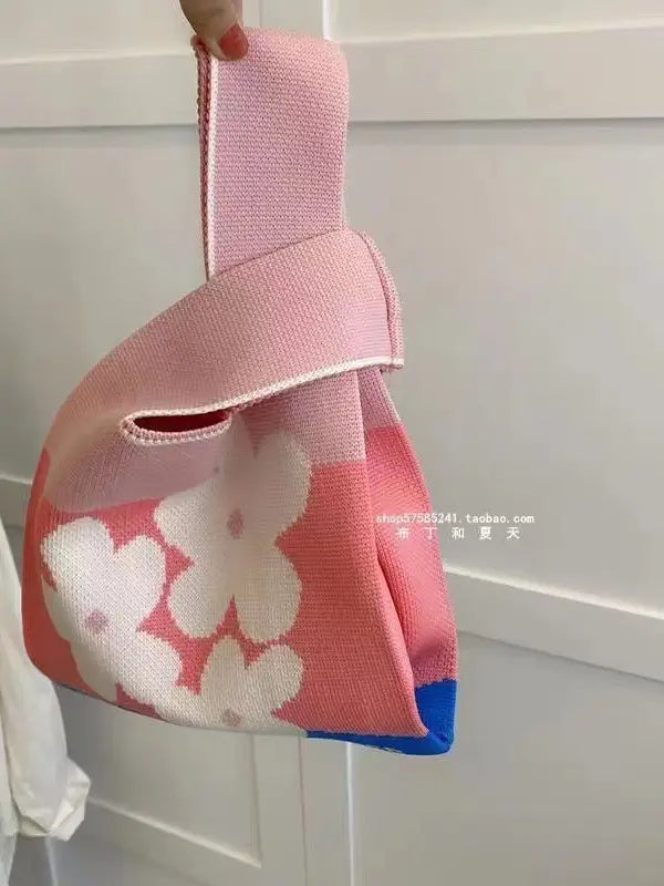 ミニノットハンドバッグ - ピンクの花とテキスト