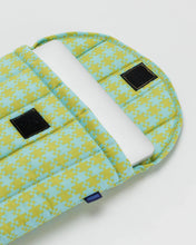 Load image into Gallery viewer, a mint coloured pixel gingham puffy sleeve with a laptop poking out the top 

