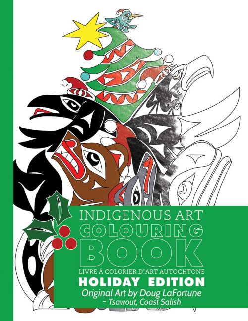 a colouring book depiscting Indigenous art images by doug laFortune featuring west coast art and holiday items 