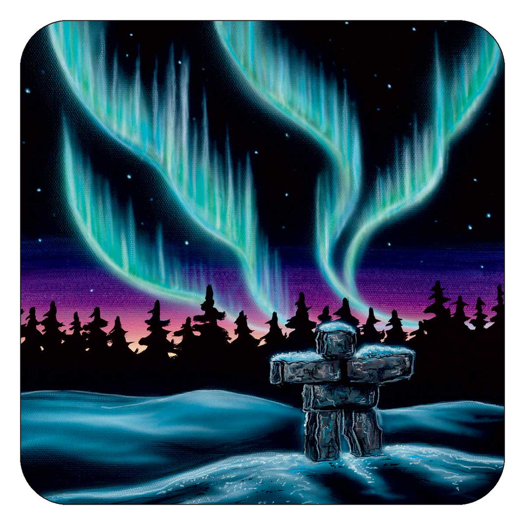 table coaster with Indigenous design of northern lights and Inukshuk