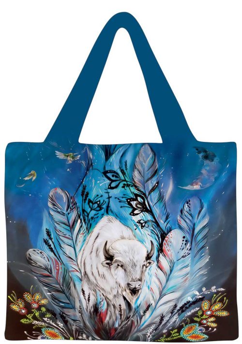 a shopping tote featuring a white buffalo in Indigenous design 