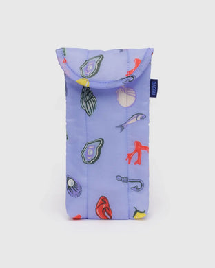 a baggu brand puffy eyeglass case with under the sea motif on blue fabric 