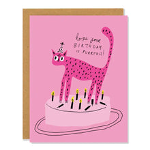 Load image into Gallery viewer, a greeting card with illustration of a black polka dtted pink cat astanding in a cake with text. hope your birthday is purrrfect 
