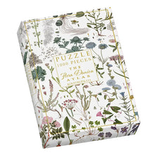 Load image into Gallery viewer, a photo of a jigsaw puzzle box with floral images and text on box. puzzle 1000 pieces the flora danica atlas koustrup &amp; co. 
