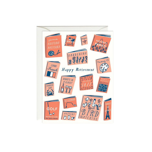 a greeting card with llustrations of how to books, things you might do in retirement text happy retirement 