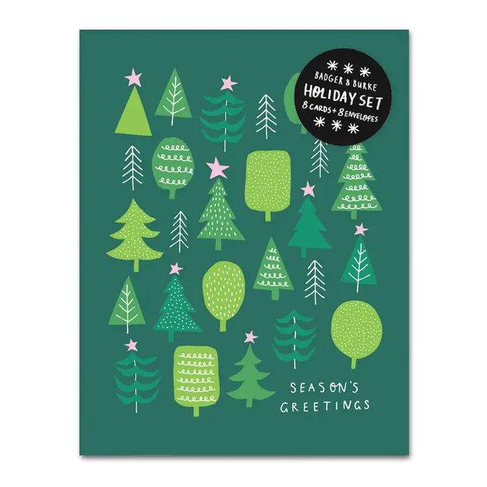 a boxed set of greeting cards in green featuring green modern holiday Christmas trees with little pink stars on top of them. text . season's greetings 