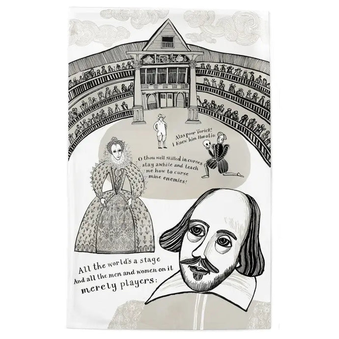 a tea towel with an artist depiction of queen elizabeth the first and willian shakespeare 