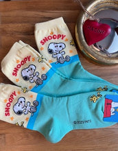 Load image into Gallery viewer, Three pairs of snoopy and woodstock crew socks from comic stip peanuts 

