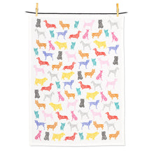 Load image into Gallery viewer, a speckeled colourful dogs motif on a white tea towel
