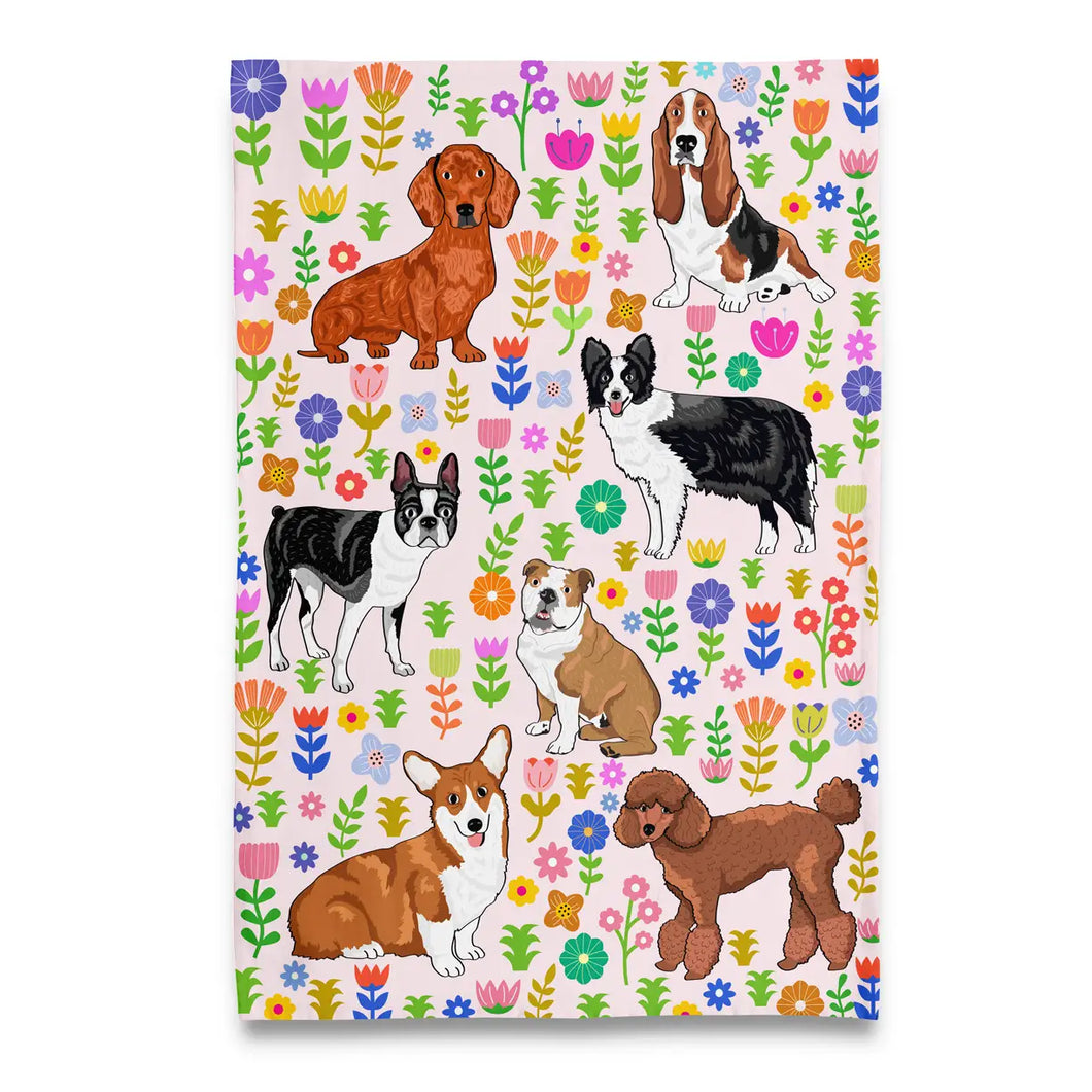 spring puppies tea towel