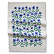 Load image into Gallery viewer, An off-white linen tea towel featuring a retro pattern of blue flowers with green leaves, shown against a plain white background.
