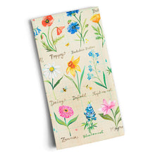 Load image into Gallery viewer, a colourful kitchen tea towel with illustrations of wildflowers. 
