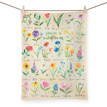 Load image into Gallery viewer, a colourful kitchen tea towel covered with assorted drawings of flowers and wild flowers. 
