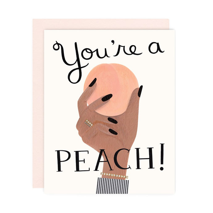 an illustration of a hand holding a peach on soft white backdrop. text you're a peach