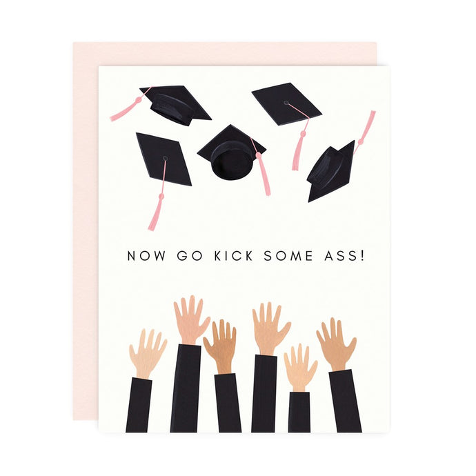 illustration of severl hands in the air with black grad caps above 