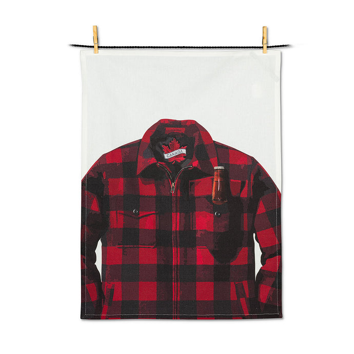 colour illustration of a black and red lumberjacket in check with a beer bottle in front pocket on white tea towel