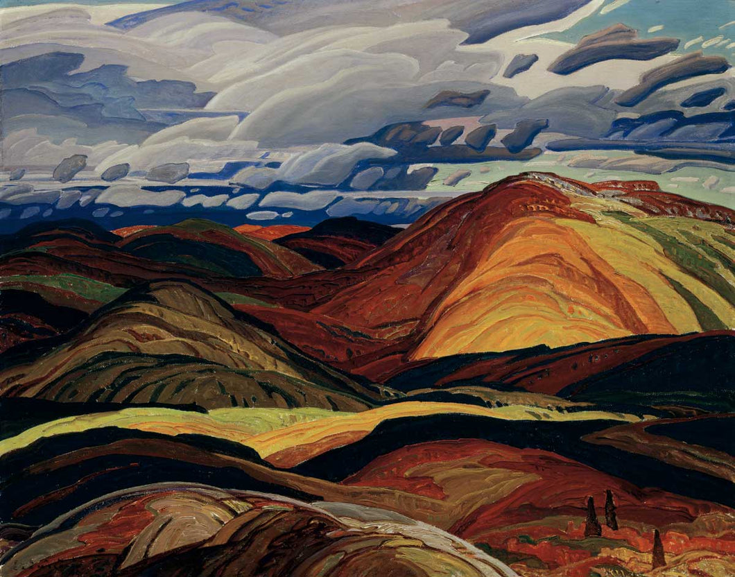 a painting of bucolic hills in autumn colours, brown, gold, rust, orange with a blue sky and white clouds 