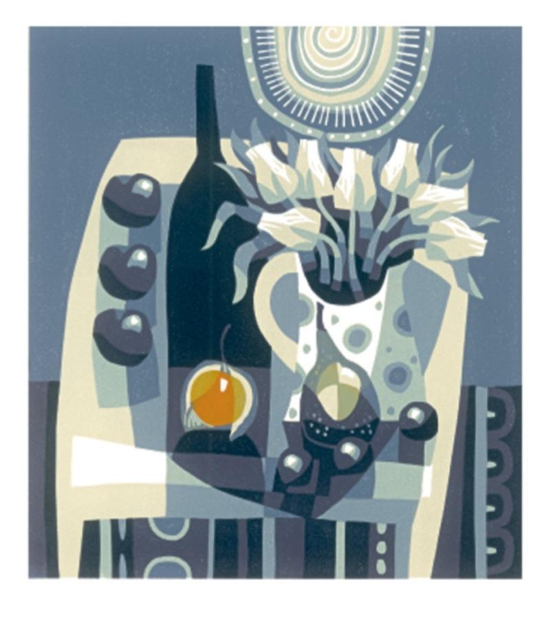 what appears to be a painting still life in a modern technique, with wine, flowers and fruit on a table in mostly dark blue and ivory with a touch of orange 