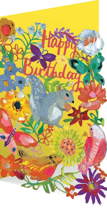an illustration of colourful flowers, birds, butterflies and a grey squirrel 