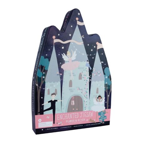 a jigsaw puzzle shaped like a castel with an image of a castle and 2 ballet dancers, and a fairy flying above 